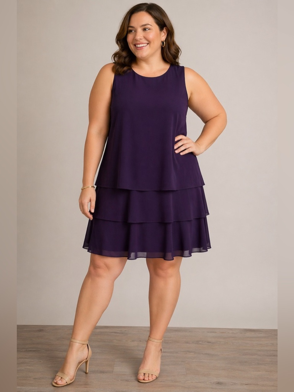 Lauren Ralph Lauren Georgette Shift Dress Size 16 Plum Tiered Romantic Soft Glam